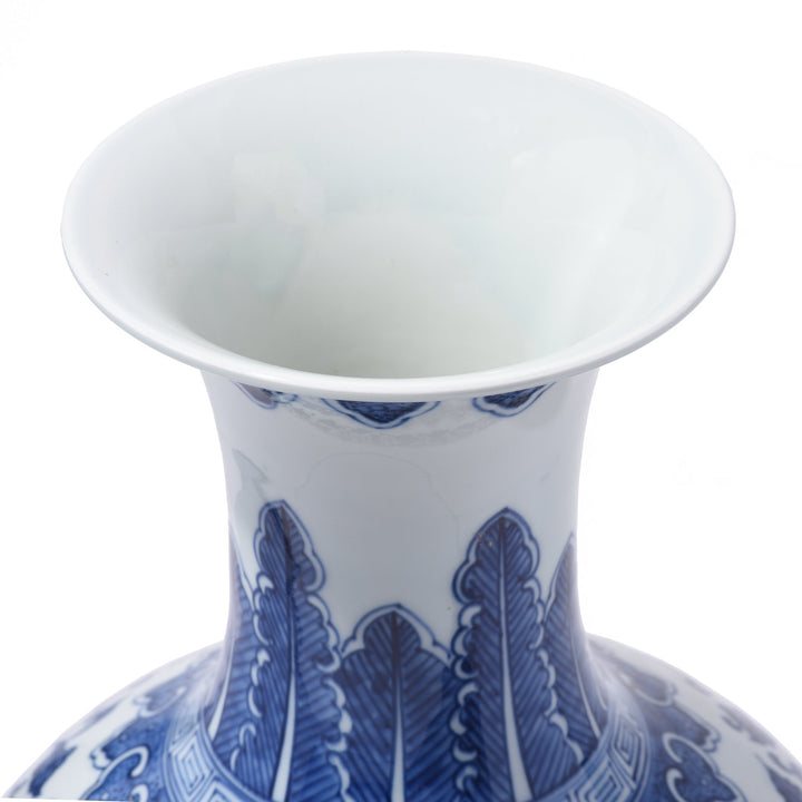 Top Down Detail of Chinese Reproduction Blue & White Trumpet Vase With Floral Design | Indigo Antiques