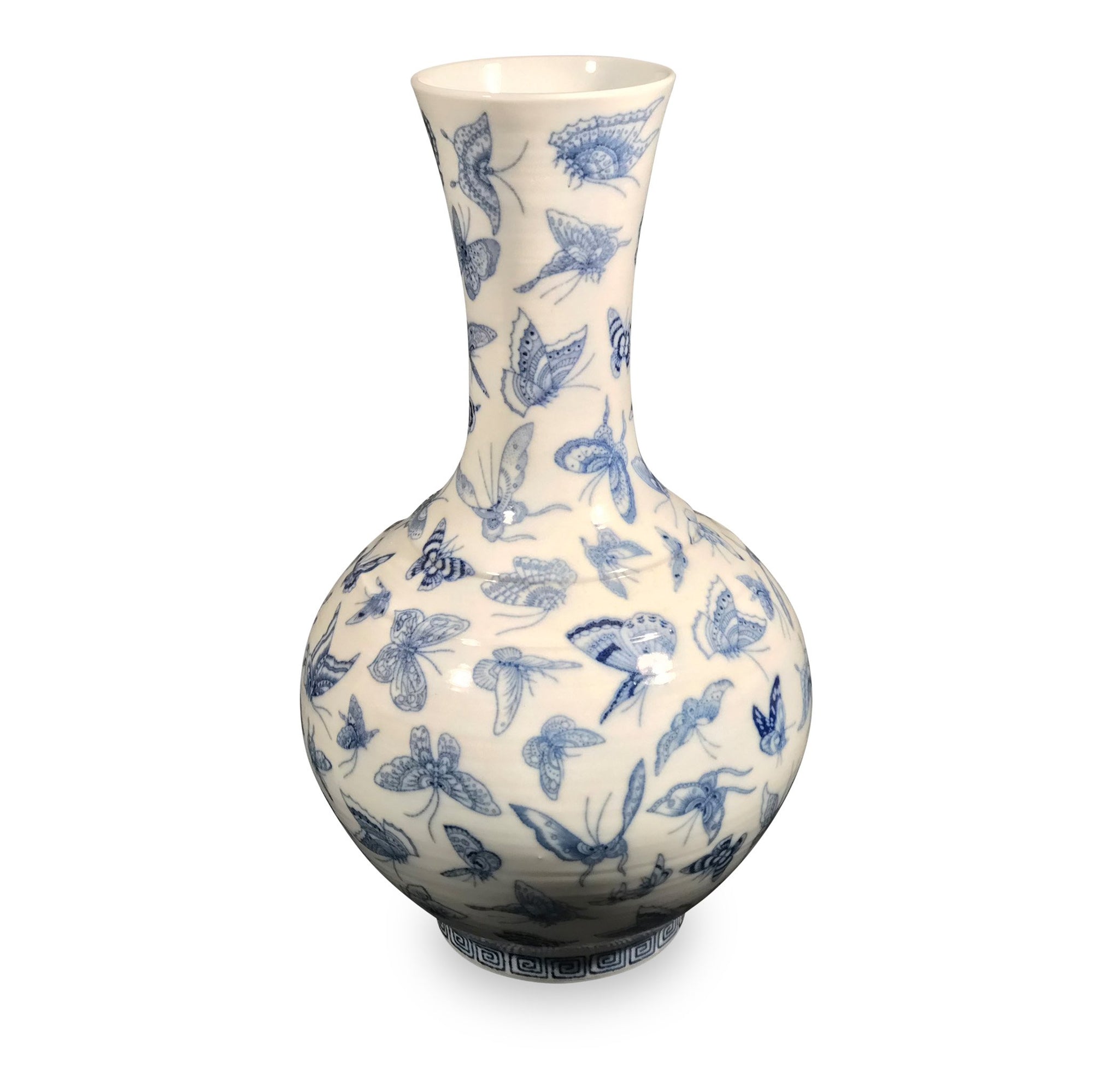 Blue & White Porcelain Trumpet Vase - Butterfly Design - 24 x 24 x 41 cms wxdxh - C1174