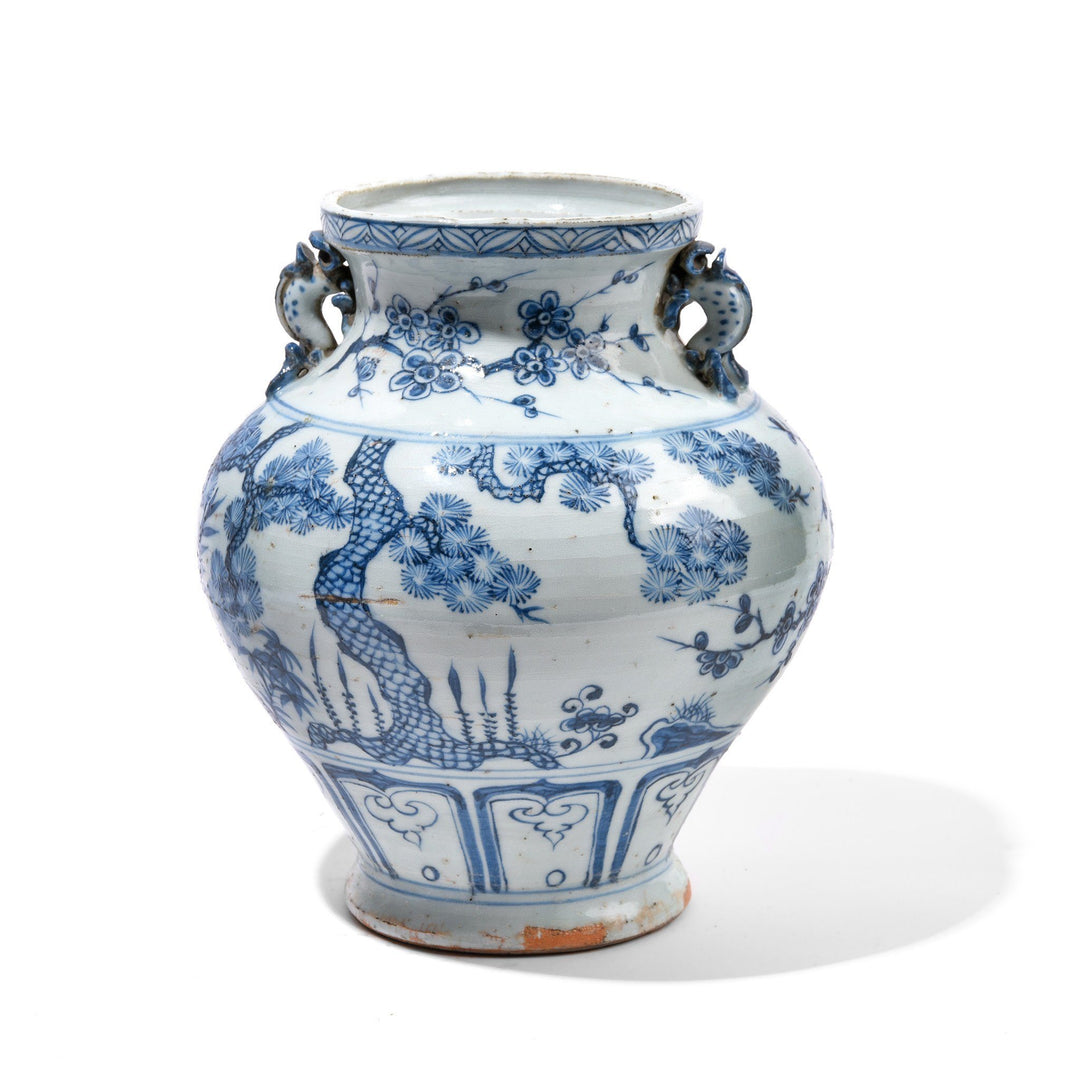 Reproduction Chinese Yuan Style Blue & White Wine Jar Vase - Pine Tree Design | Indigo Antiques