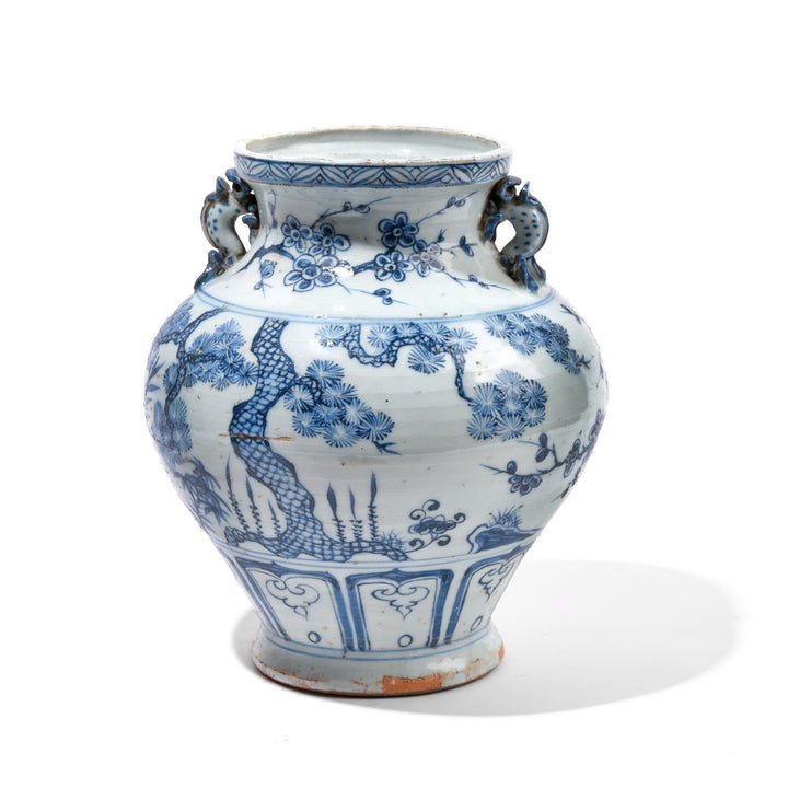 Reproduction Chinese Yuan Style Blue & White Wine Jar Vase - Pine Tree Design | Indigo Antiques