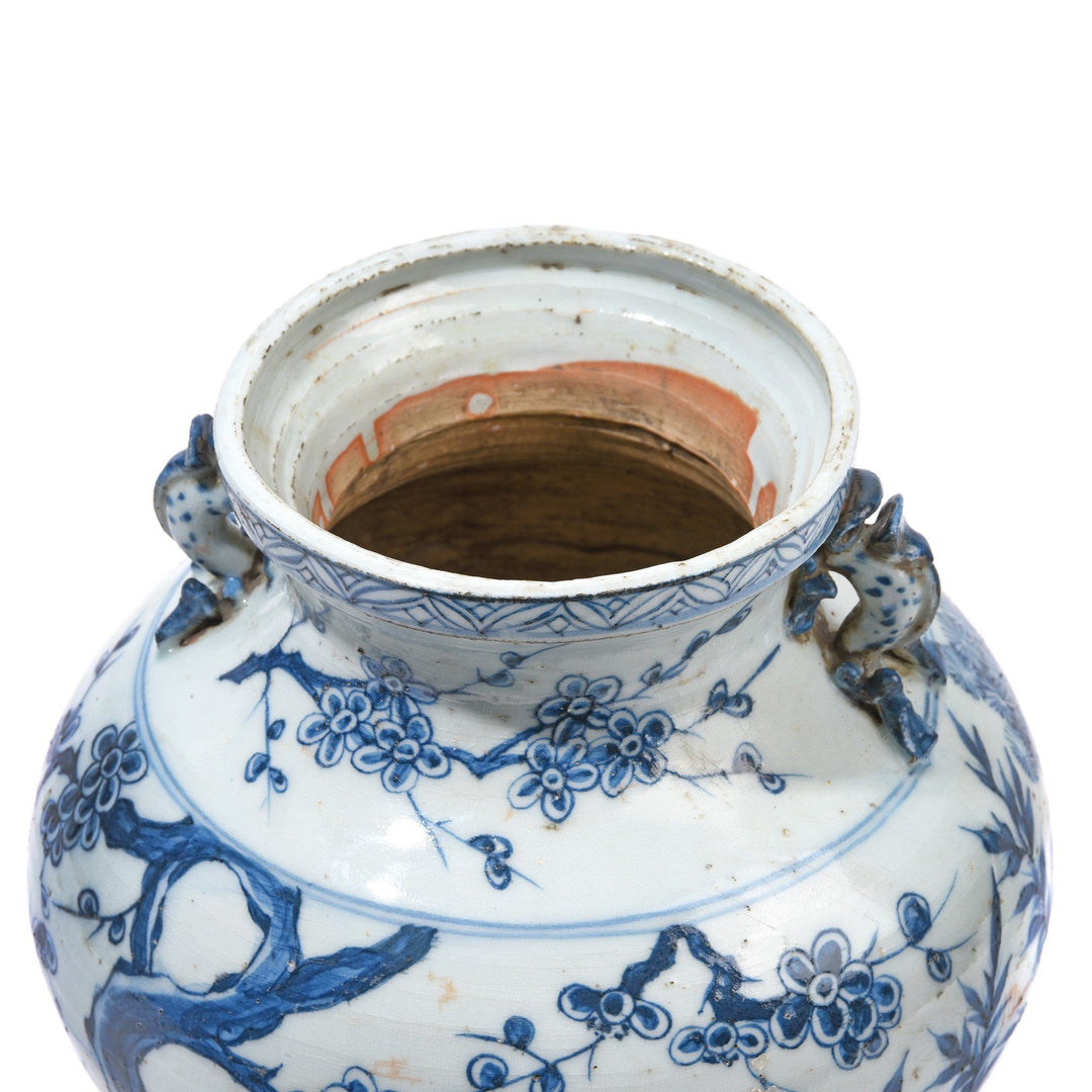 Reproduction Chinese Yuan Style Blue & White Wine Jar Vase - Pine Tree Design | Indigo Antiques