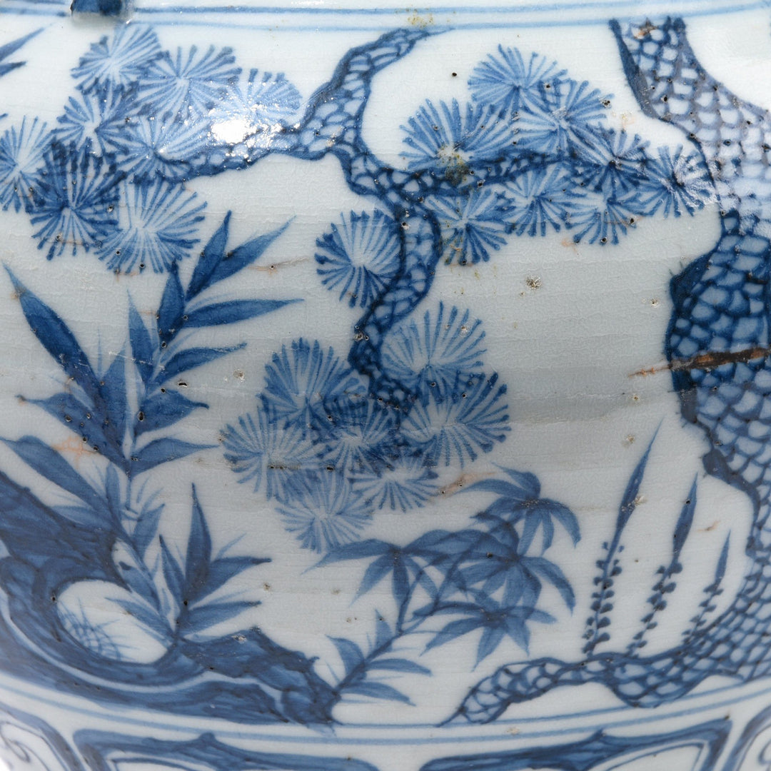 Reproduction Chinese Yuan Style Blue & White Wine Jar Vase - Pine Tree Design | Indigo Antiques