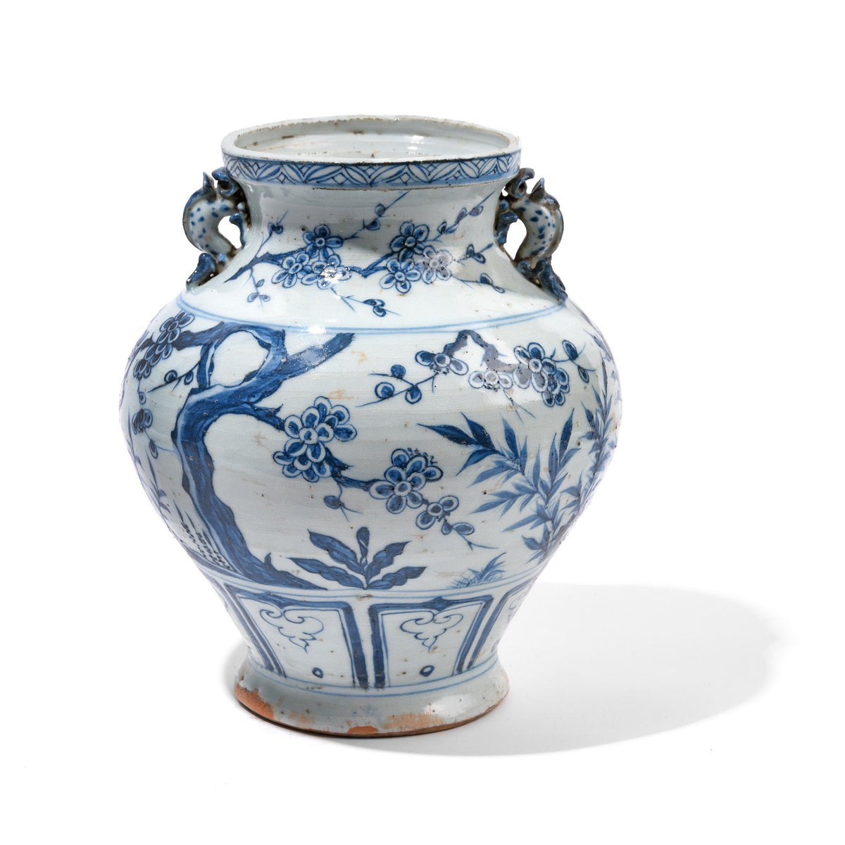 Reproduction Chinese Yuan Style Blue & White Wine Jar Vase - Pine Tree Design | Indigo Antiques