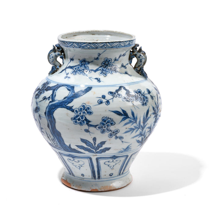 Reproduction Chinese Yuan Style Blue & White Wine Jar Vase - Pine Tree Design | Indigo Antiques