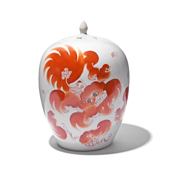 Burnt Orange Porcelain Rice Jar - Foo Dog Design Burnt Orange Porcelain Rice Jar - Foo Dog Design