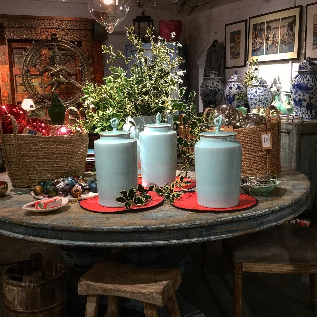 Celadon Glazed Tea Caddy In our Wiltshire Showroom on a round pine Chinese painted table