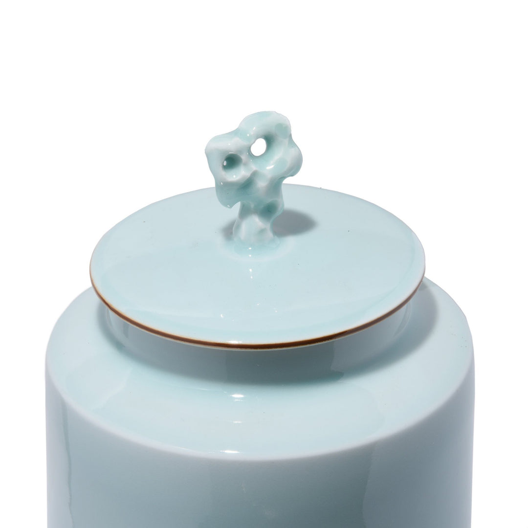 Coral lid detail of a Reproduction Chinese Celadon Glaze Porcelain Tea Caddy | Indigo Antiques