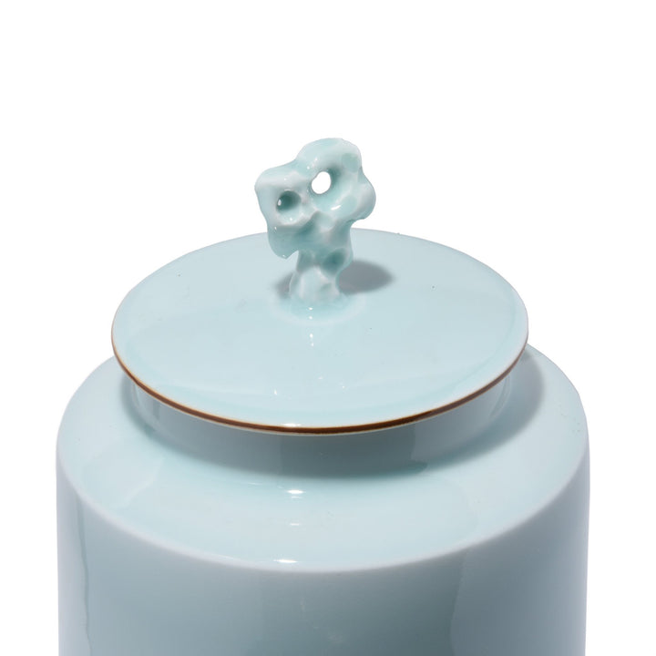 Coral lid detail of a Reproduction Chinese Celadon Glaze Porcelain Tea Caddy | Indigo Antiques