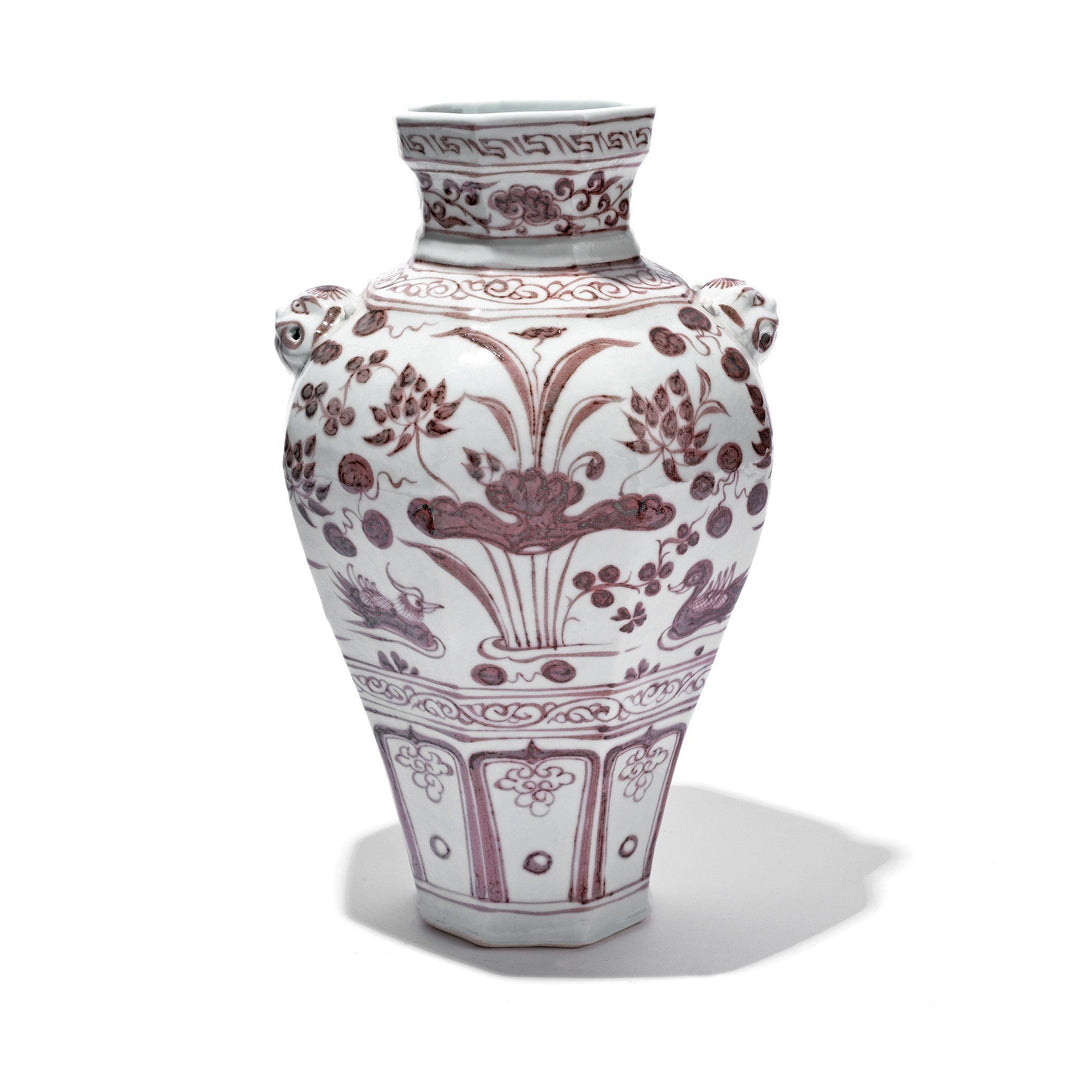 Copper-red Porcelain Octagonal Meiping Vase - Floral Design | Indigo Antiques