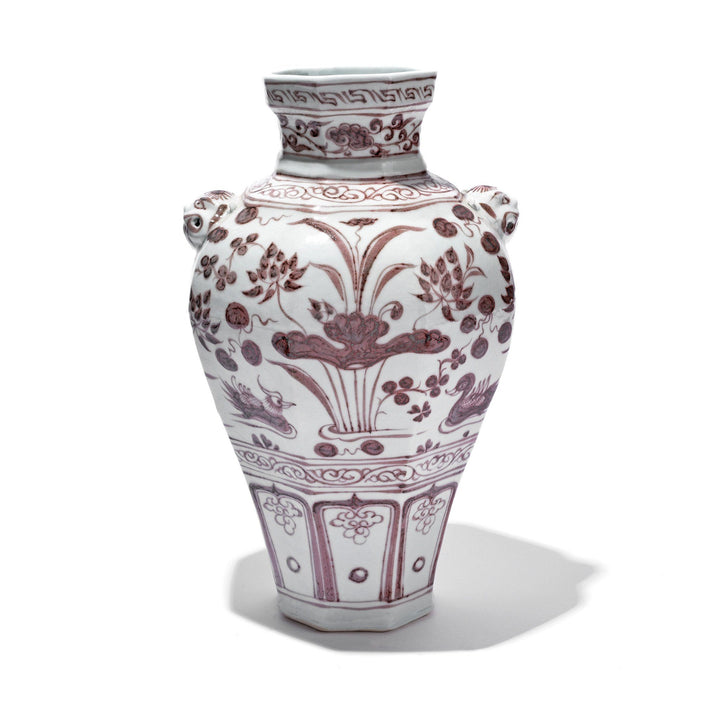 Copper-red Porcelain Octagonal Meiping Vase - Floral Design | Indigo Antiques