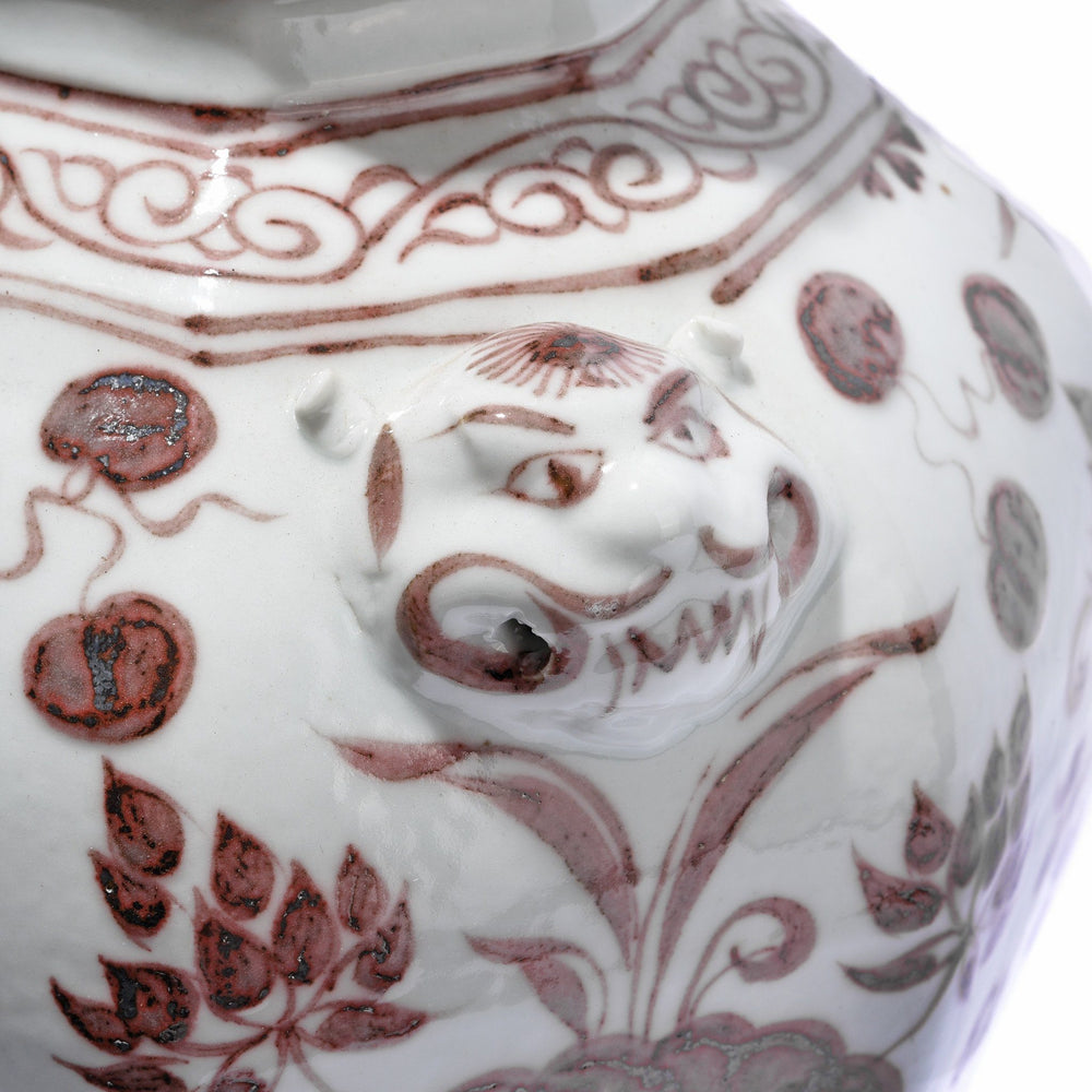 Face Detail fo Copper-red Porcelain Octagonal Meiping Vase - Floral Design | Indigo Antiques