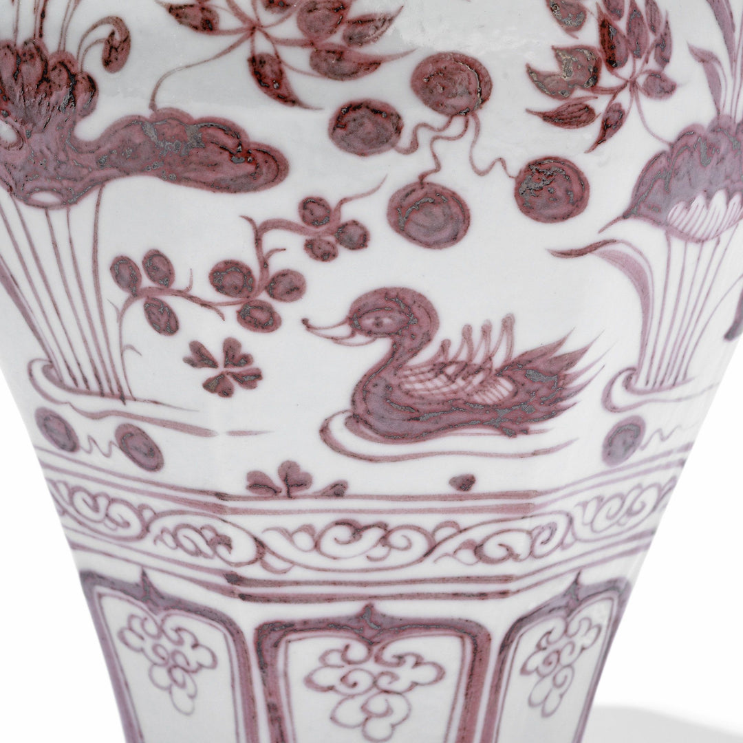 Duck Detail Of Copper-red Porcelain Octagonal Meiping Vase - Floral Design | Indigo Antiques