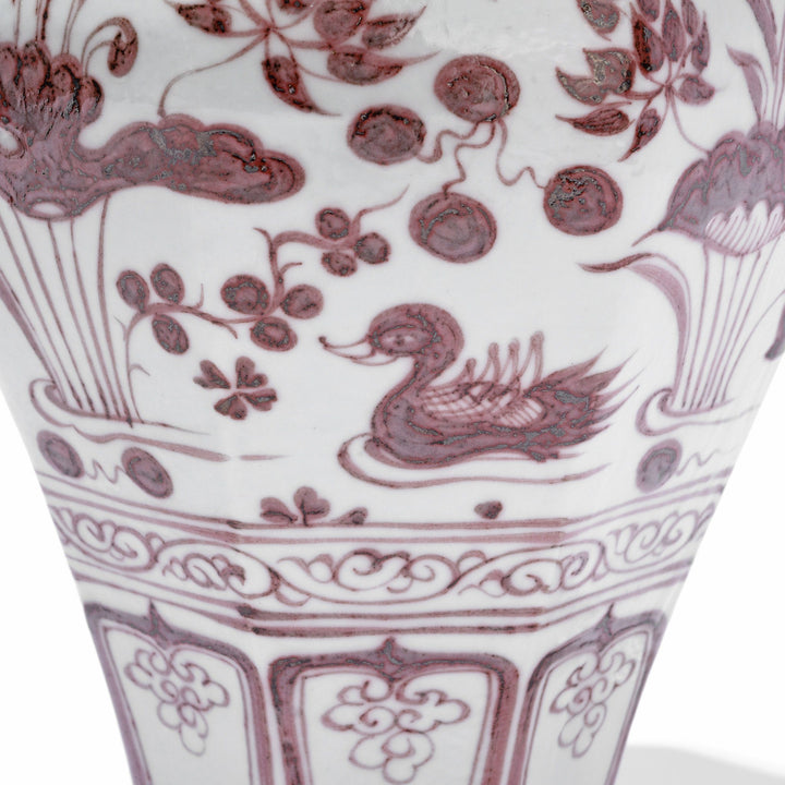 Duck Detail Of Copper-red Porcelain Octagonal Meiping Vase - Floral Design | Indigo Antiques