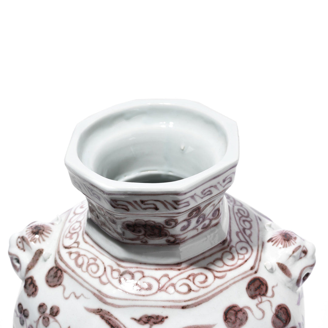Top Detail of Copper-red Porcelain Octagonal Meiping Vase - Floral Design | Indigo Antiques