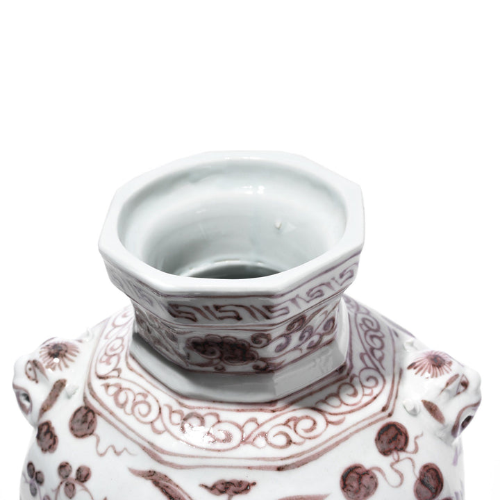 Top Detail of Copper-red Porcelain Octagonal Meiping Vase - Floral Design | Indigo Antiques