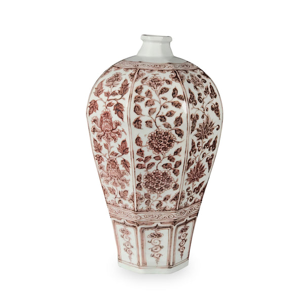 Copper-red Porcelain Octagonal Meiping Vase - Peony Design