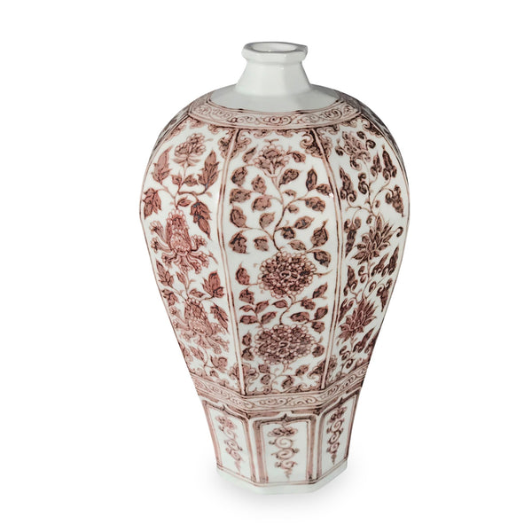 Copper-red Porcelain Octagonal Meiping Vase - Peony Design