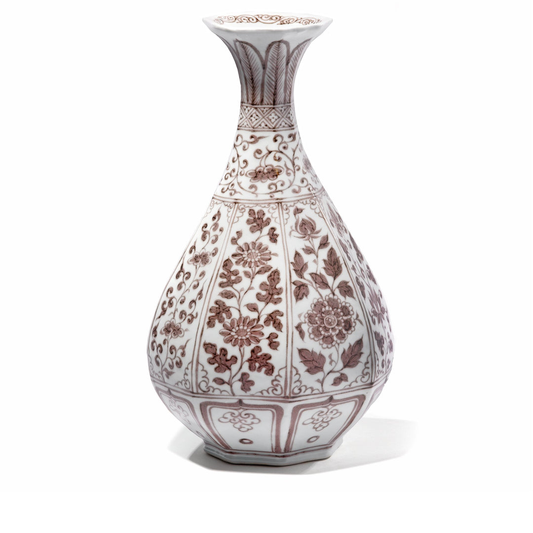 Copper-red Porcelain Yuhuchunping Vase - Peony Design - 17 x 17 x 35 (wxdxh cms) - C1177