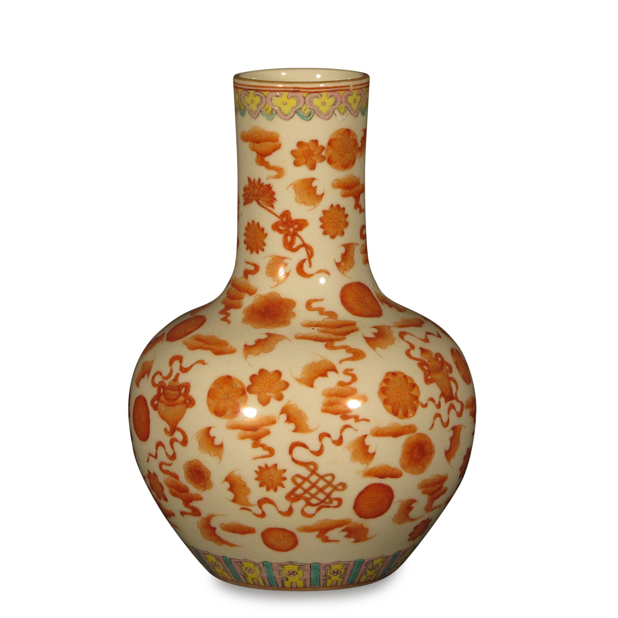 Porcelain Vase - Burnt Orange Lucky Symbols Design | Indigo Oriental Antiques