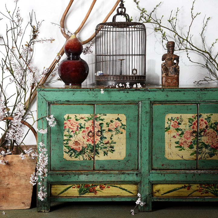 Sang De Boeuf Huluping Double Gourd Vase with a Chinese Green Lacquer Sideboard | Indigo Antiques
