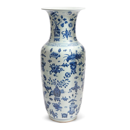 Tall Blue & White Porcelain Vase - Lucky Symbols