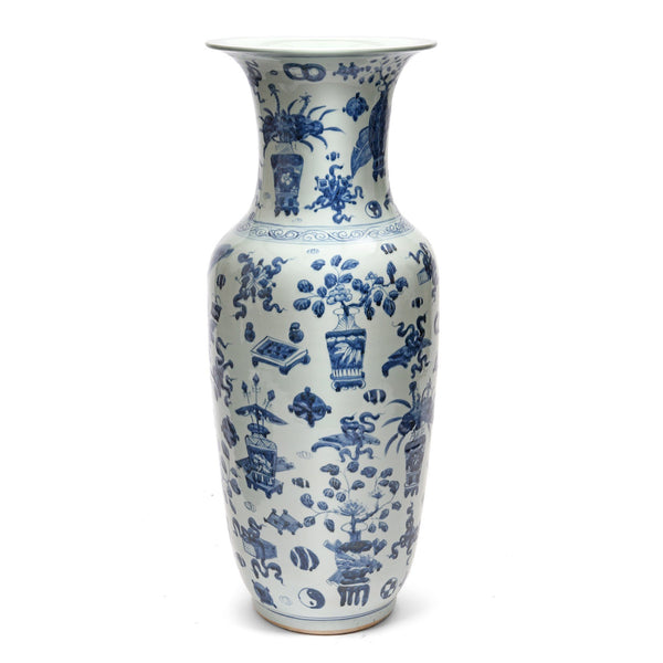 Tall Blue & White Porcelain Vase - Lucky Symbols