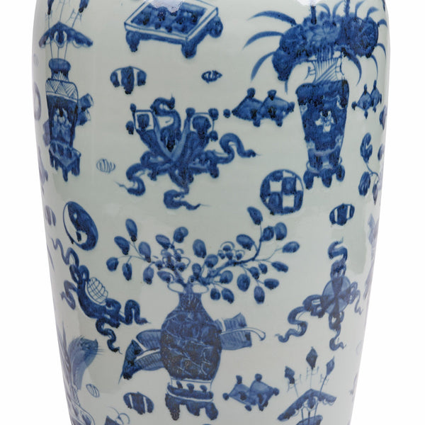 Tall Blue & White Porcelain Vase - Lucky Symbols