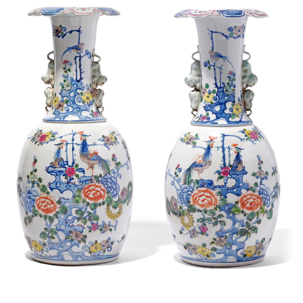 A Pair of Chinese Reproduction Porcelain Liuyeping Vases with peacock and floral design. | Indigo Antiques