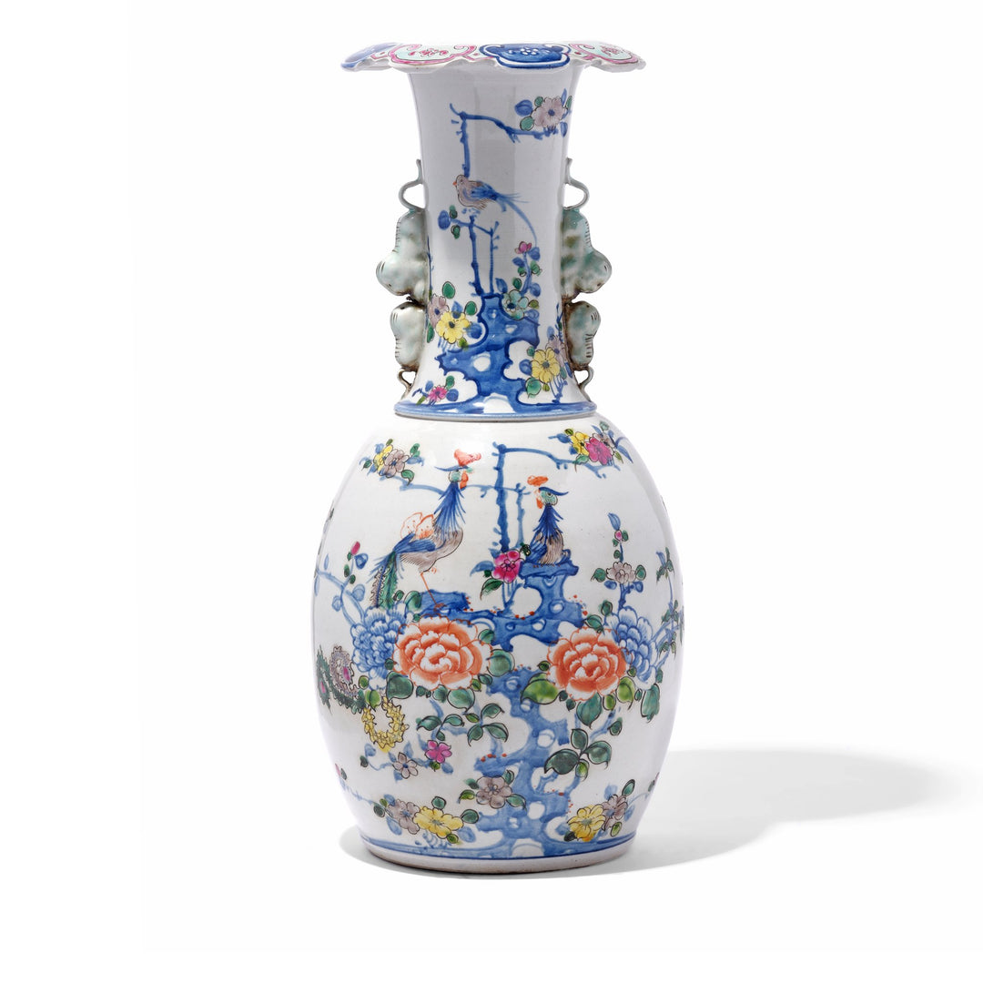 Left Facing Chinese Reproduction Porcelain Liuyeping Vase with peacock and floral design. | Indigo Antiques