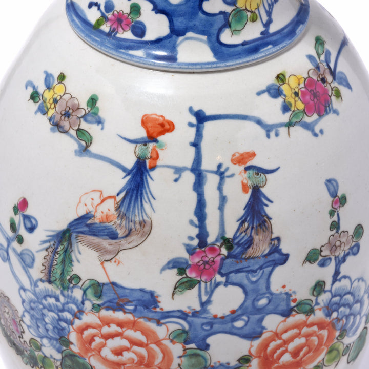 Peacock Detail of Chinese Reproduction Porcelain Liuyeping Vase with peacock and floral design. | Indigo Antiques