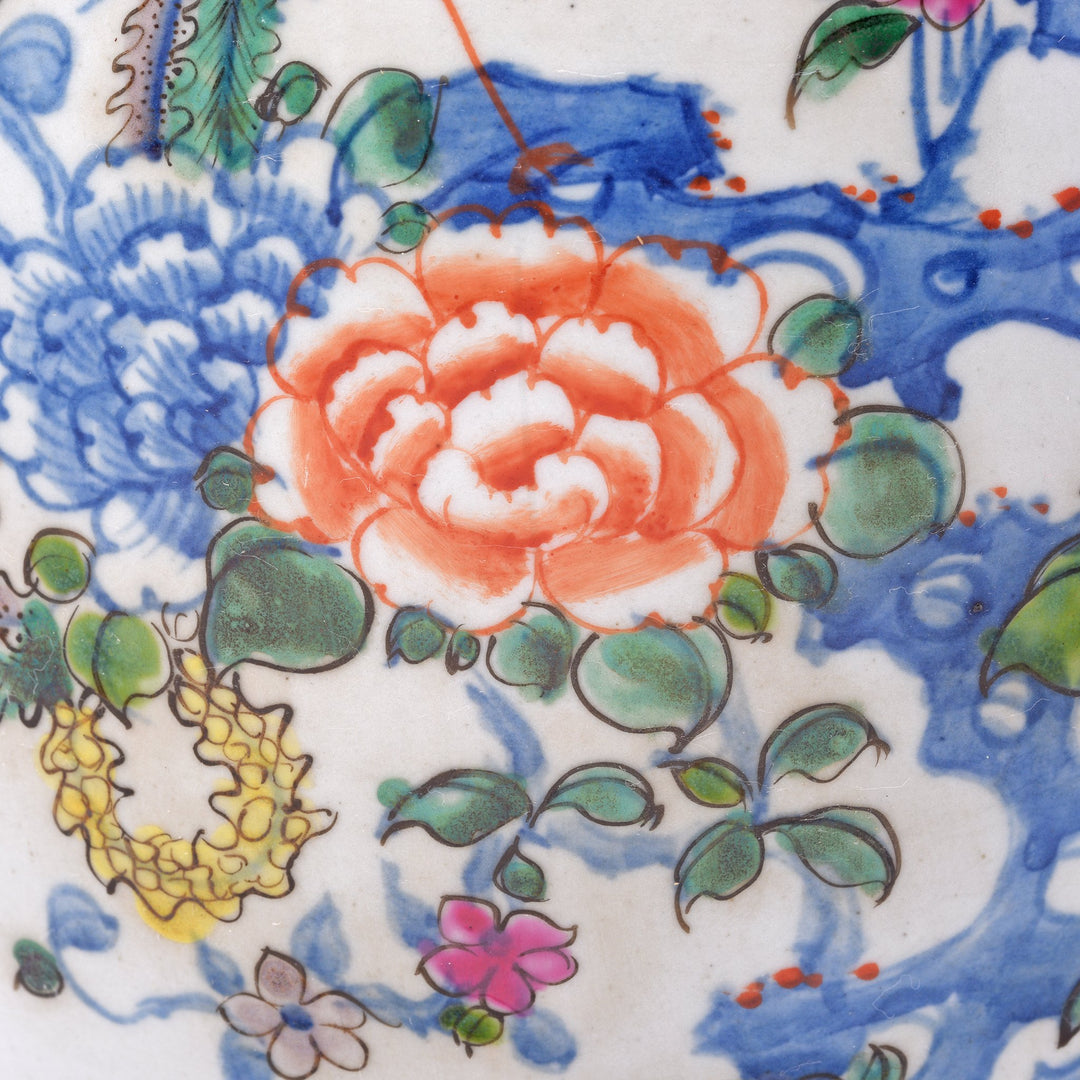 Floral Detail of Chinese Reproduction Porcelain Liuyeping Vase with peacock and floral design. | Indigo Antiques