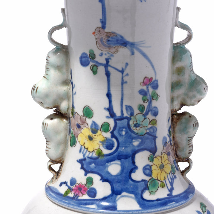 Neck Detail of Chinese Reproduction Porcelain Liuyeping Vase with peacock and floral design. | Indigo Antiques