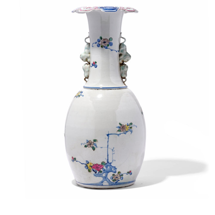 Back of Chinese Reproduction Porcelain Liuyeping Vase with peacock and floral design. | Indigo Antiques