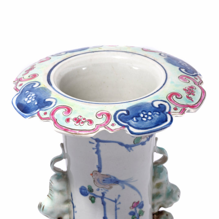 Top Down View of Chinese Reproduction Porcelain Liuyeping Vase with peacock and floral design. | Indigo Antiques