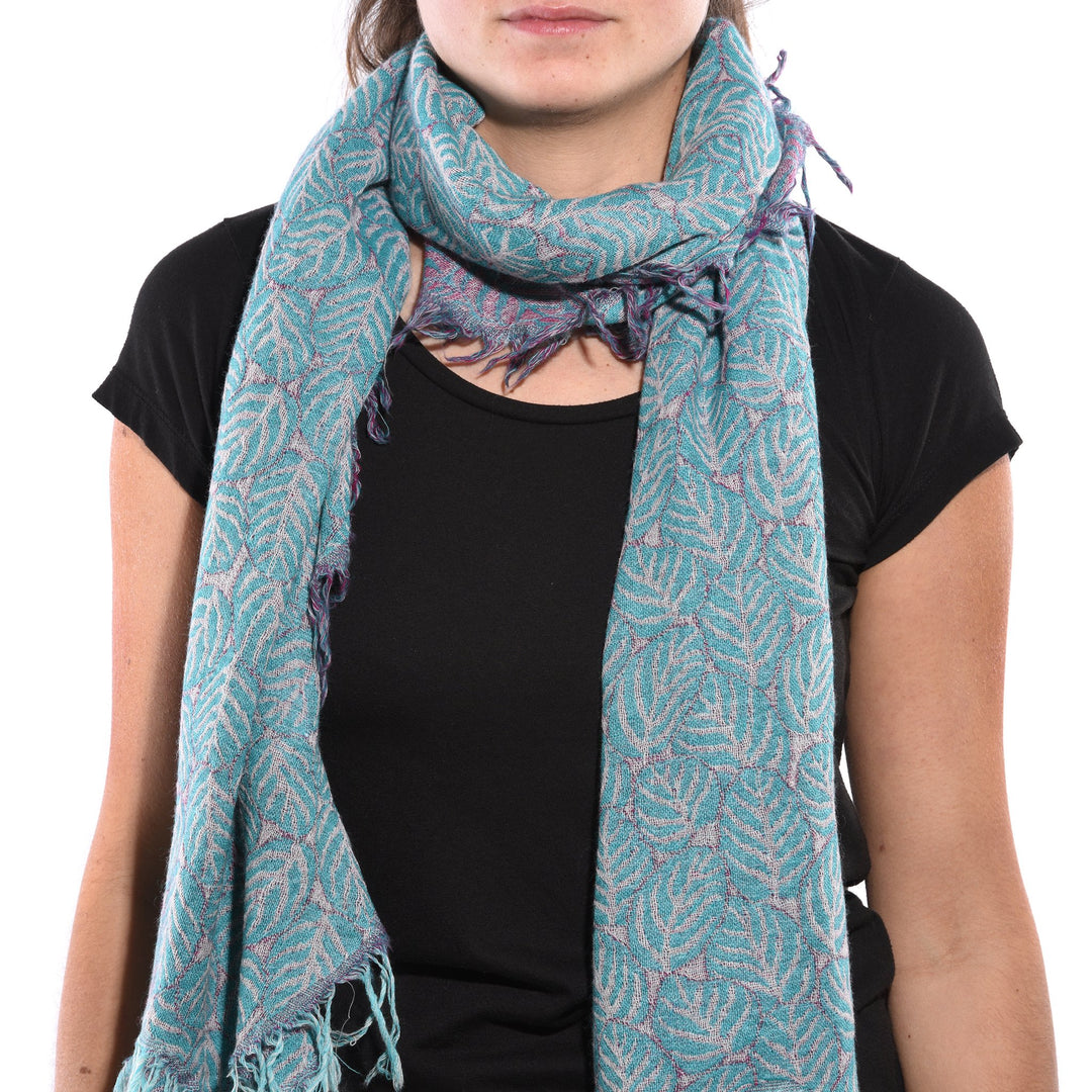 Turquoise Lotus Leaves Scarf - Merino Wool - 68 x 204 cms Approx - A00059V1