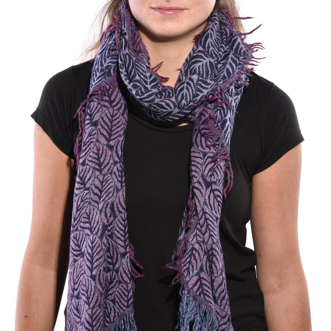 Navy Lotus Leaves Scarf - Merino Wool - 68 x 204 cms Approx - A00059V2