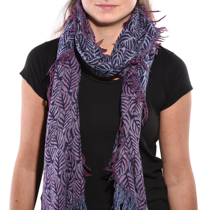 Navy Lotus Leaves Scarf - Merino Wool - 68 x 204 cms Approx - A00059V2