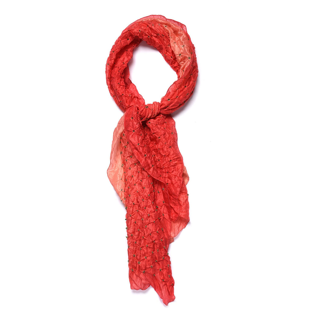 Coral Silk Indian Bandhani Tie Dye Scarf | Indigo Antiques