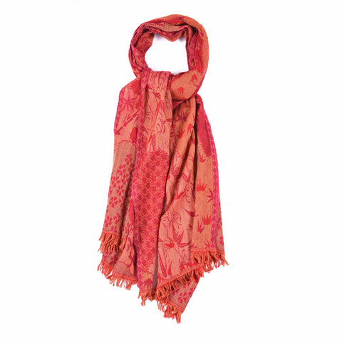 Red -Indian Garden Scarf - Merino Wool
