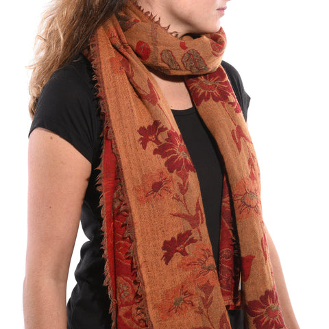Red - Tudour Floral Scarf - Merino Wool