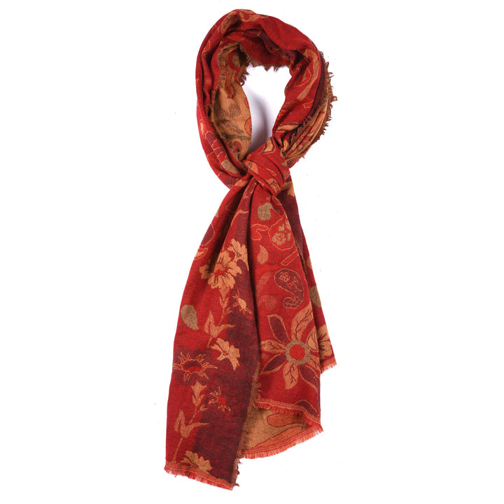 Red - Tudour Floral Scarf - Merino Wool | Indigo Antiques