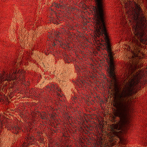 Red - Tudour Floral Scarf - Merino Wool