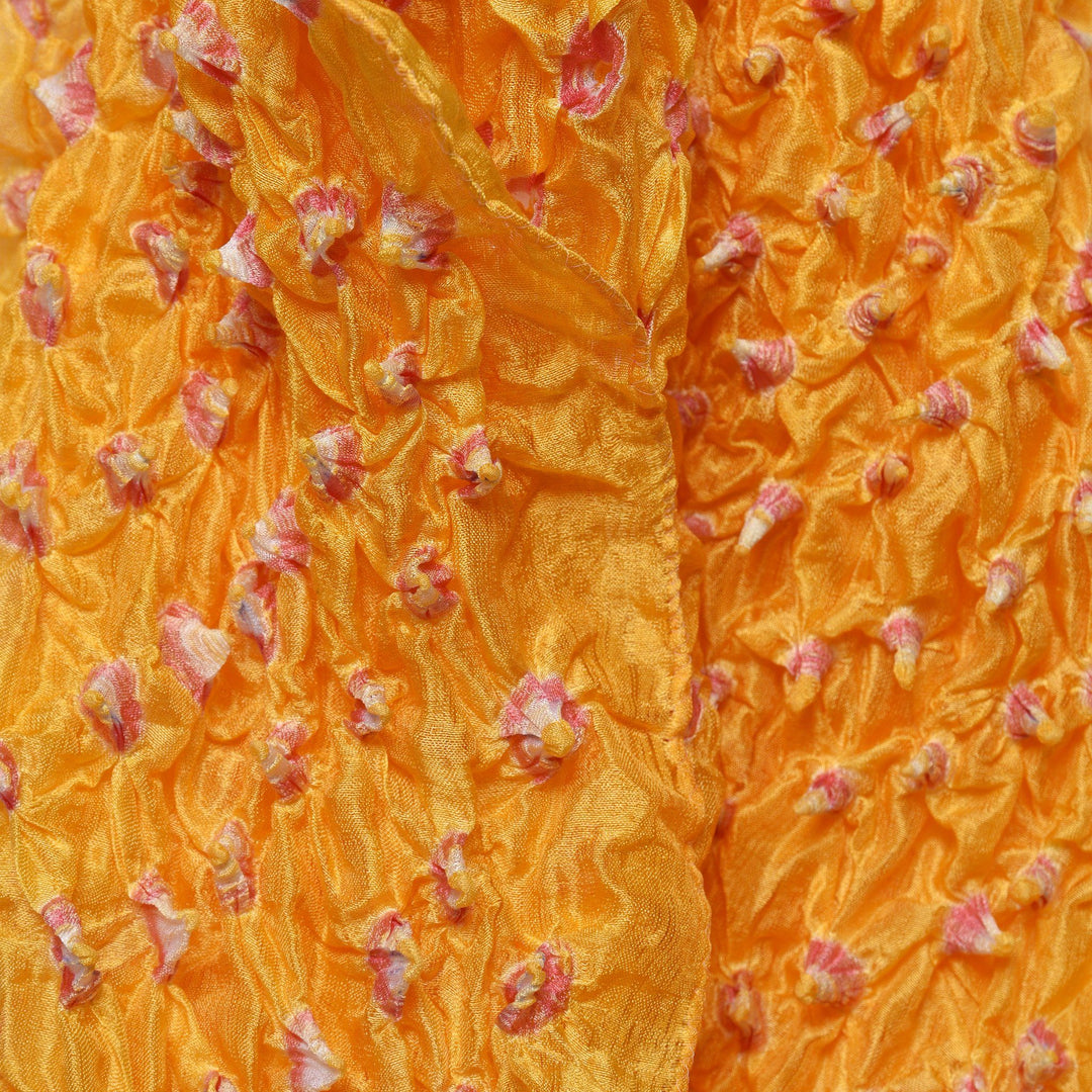 Detail of a Saffron Silk Double Knot Indian Bandhani Tie Dye Scarf | Indigo Antiques