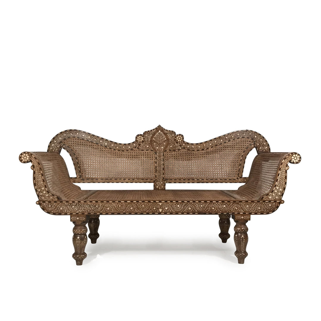 Caned Teak Sofa With Bone Inlay - Ca 80 yrs old | Indigo Oriental Antiques