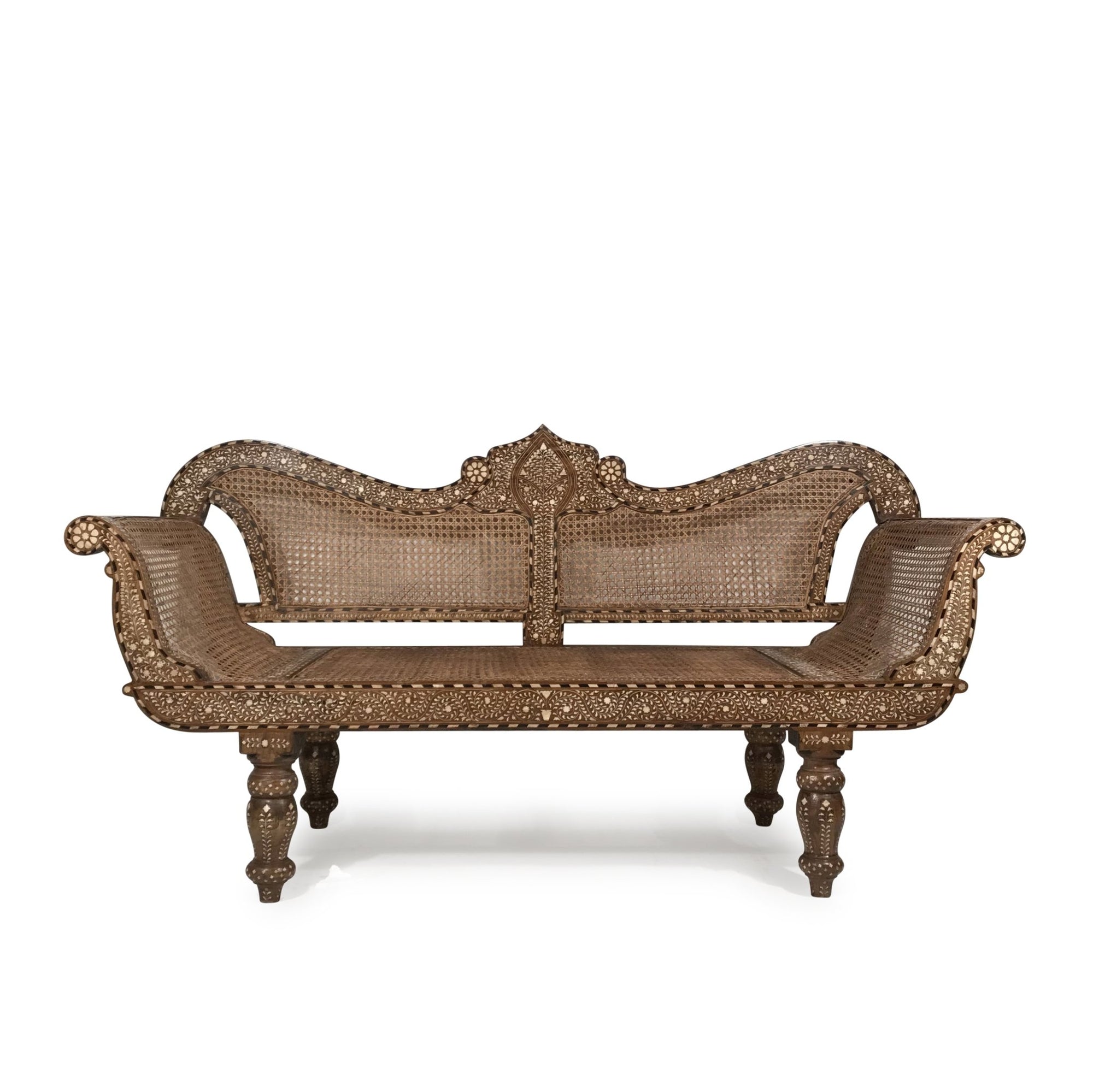 Caned Teak Sofa With Bone Inlay - Ca 80 yrs old | Indigo Oriental Antiques