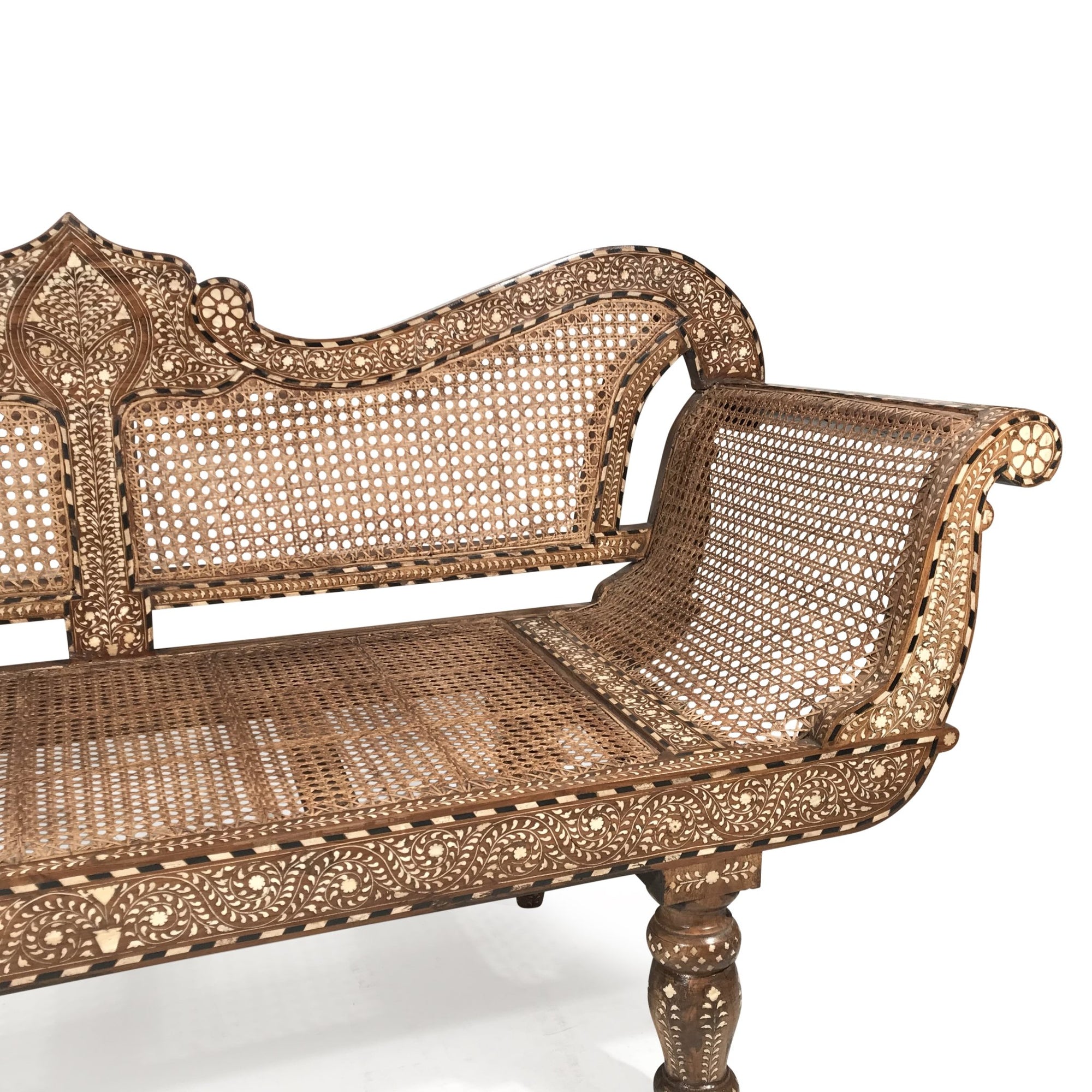 Caned Teak Sofa With Bone Inlay - Ca 80 yrs old | Indigo Oriental Antiques