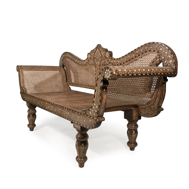 Caned Teak Sofa With Bone Inlay - Ca 80 yrs old | Indigo Oriental Antiques