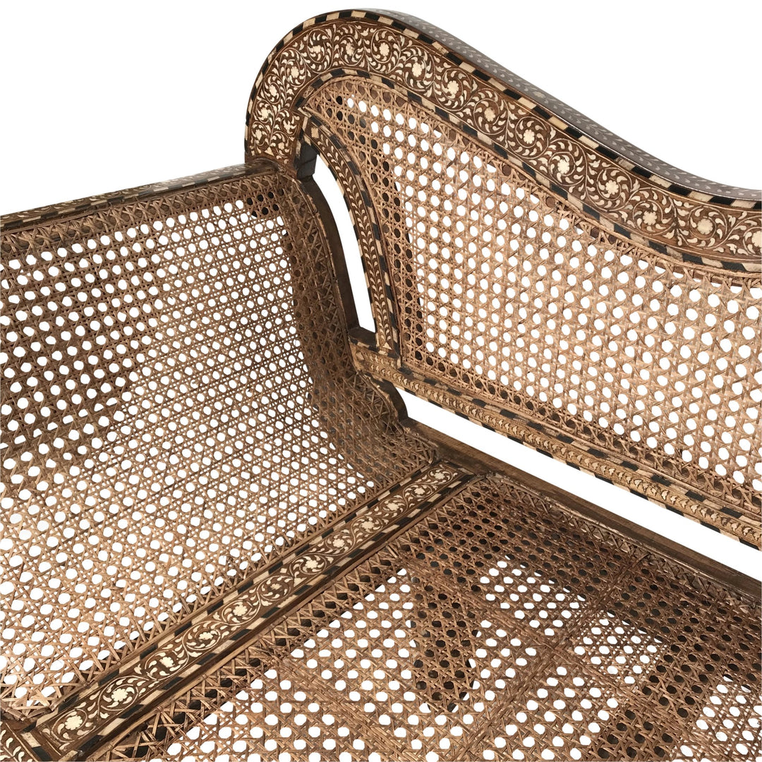 Caned Teak Sofa With Bone Inlay - Ca 80 yrs old | Indigo Oriental Antiques