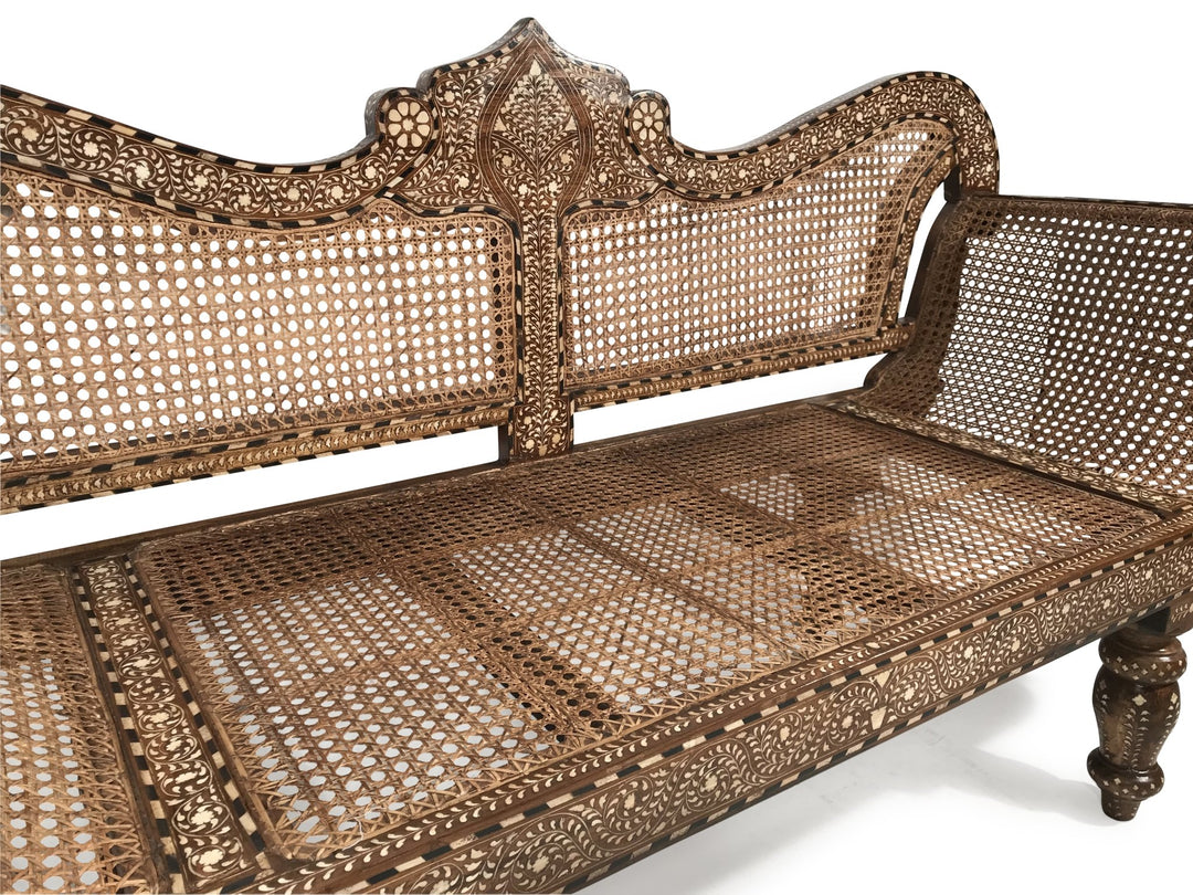 Caned Teak Sofa With Bone Inlay - Ca 80 yrs old | Indigo Oriental Antiques