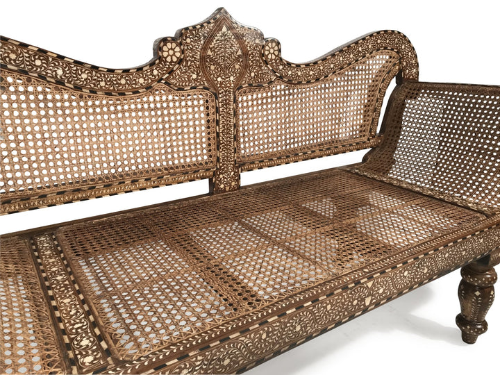 Caned Teak Sofa With Bone Inlay - Ca 80 yrs old | Indigo Oriental Antiques
